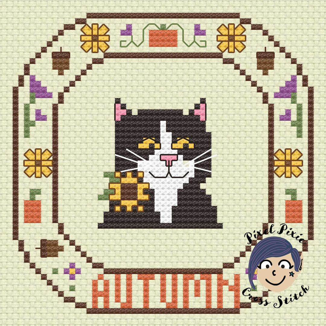 Fall cross stitch Cat shops picture.