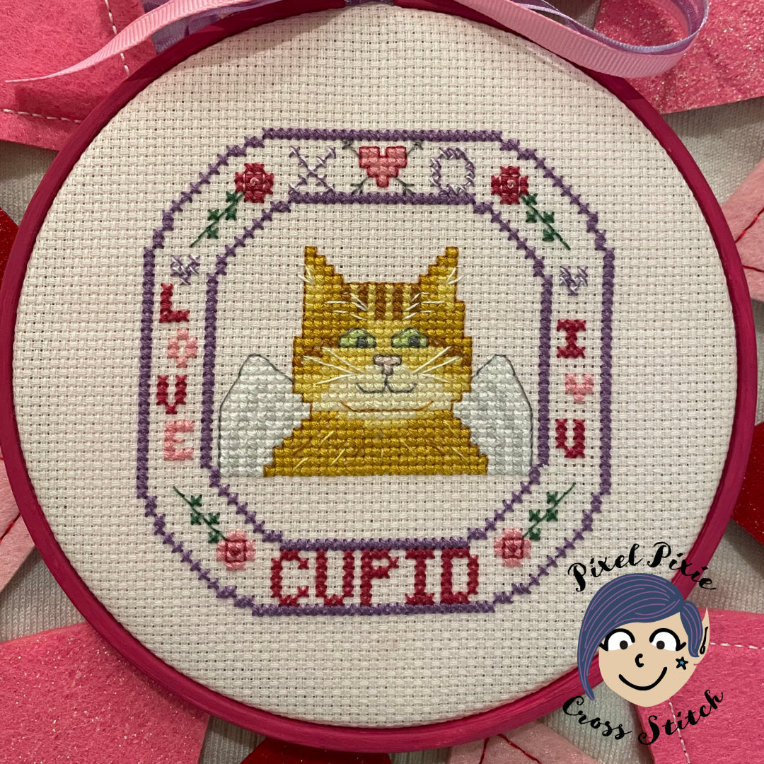 Cupid the Valentine's Cat PDF cross stitch pattern